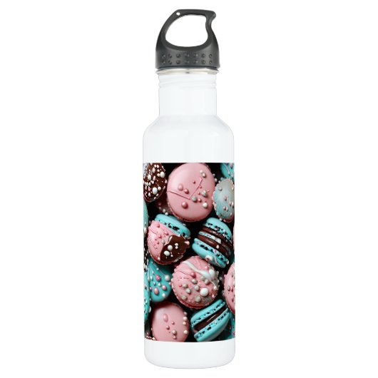 Roze en blauwe macaron met sprenkels waterfles  (Voorkant)