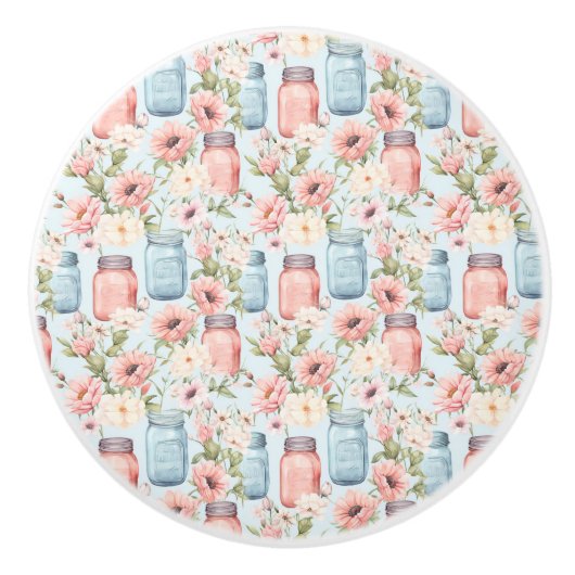 Roze en Blauwe Mason Jars Bloemen Keramische Pull Keramische Knop (Voorkant)