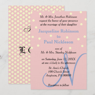 Roze en blauwe monogram trouw polka stippen kaart