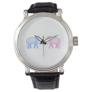 Roze en blauwe olifanten op zaterdag of op dag van horloge