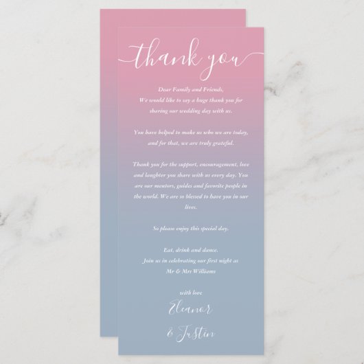 Roze en blauwe Ombre-huwelijksreceptie plaatskaart Menu (Voorkant / Achterkant)