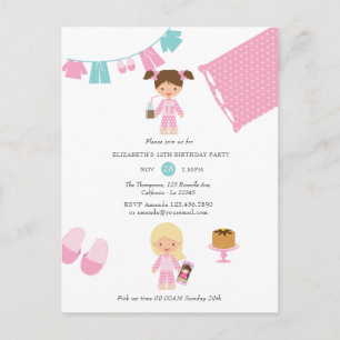 Roze en blauwe Pajama Pancake Girl Birthday Party Briefkaart