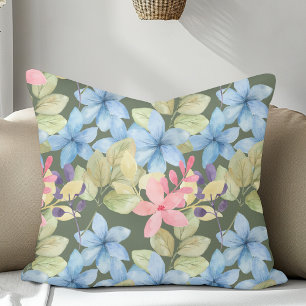 Roze en Blauwe Pastel Bloemen Waterverf Donkergroe Kussen