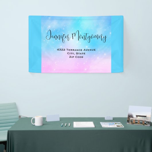 Roze en Blauwe Pastel Gradient Sky Adres Spandoek (Beurs)