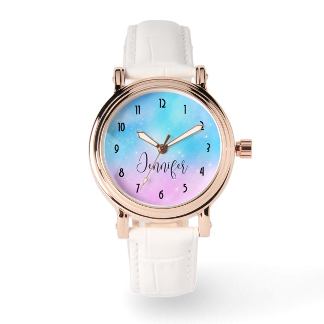 Roze en Blauwe Pastel Gradient Sky Horloge (Voorkant)