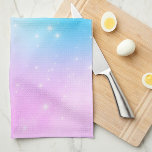 Roze en Blauwe Pastel Gradient Sky met Sterren Theedoek (Quarter Fold)