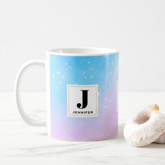 Roze en Blauwe Pastel Gradient Sky Monogram Koffiemok (Met donut)
