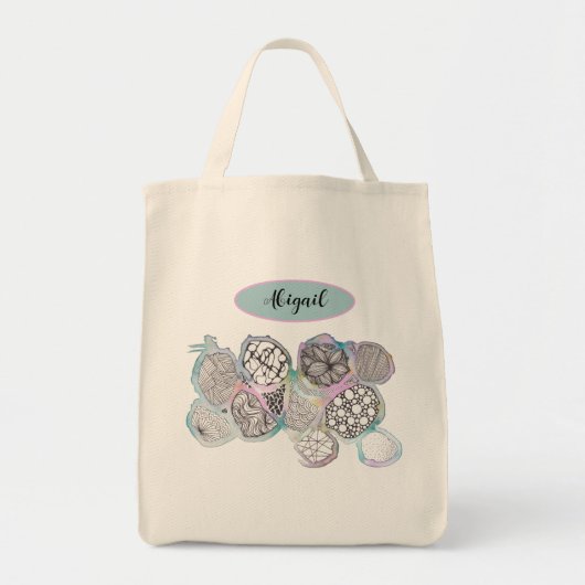  roze en blauwe pasteldoedle kunst, jouw naam tote bag (Voorkant)