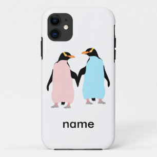 Roze en blauwe Pinguïns die handen vasthouden. iPhone 11 Hoesje
