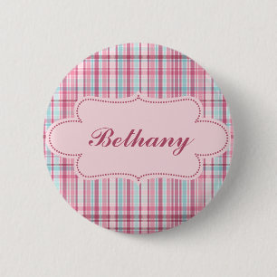 Roze en blauwe plaat met etiket ronde button 5,7 cm