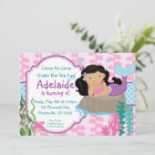 Roze en blauwe poka Dots Brunette Mermaid Birthday Kaart (Staand voorkant)