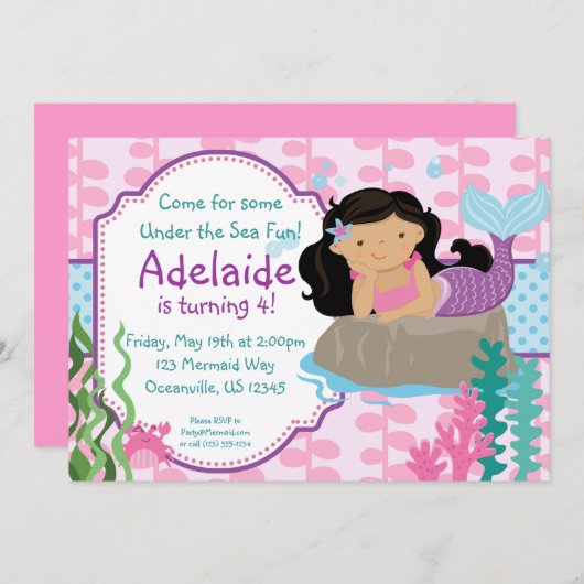 Roze en blauwe poka Dots Brunette Mermaid Birthday Kaart (Voorkant / Achterkant)