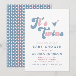 Roze en blauwe roovy Retro Twins Dotted Baby showe Kaart