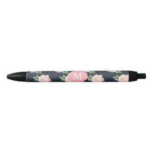 Roze en Blauwe  Rozen Patroon Monogrammen Zwarte Inkt Pen