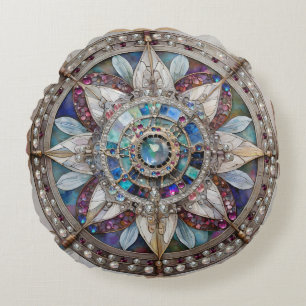 Roze en Blauwe Saffieren Diamanten Parels Mandala Rond Kussen