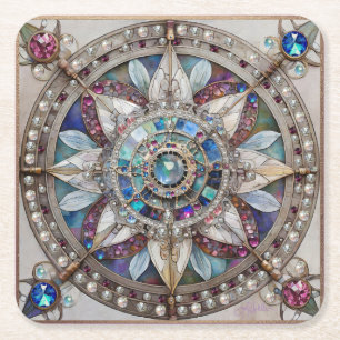 Roze en Blauwe Saffieren Diamanten Parels Mandala Vierkante Kartonnen Onderzetter