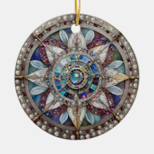 Roze en Blauwe Sapphires Diamanten Parels Mandala Keramisch Ornament