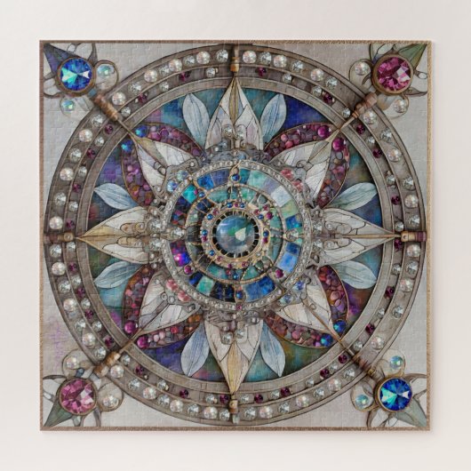 Roze en Blauwe Sapphires Diamanten Parels Mandala Legpuzzel (Horizontaal)