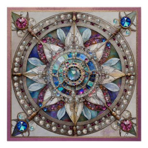 Roze en Blauwe Sapphires Diamanten Parels Mandala Perfect Poster
