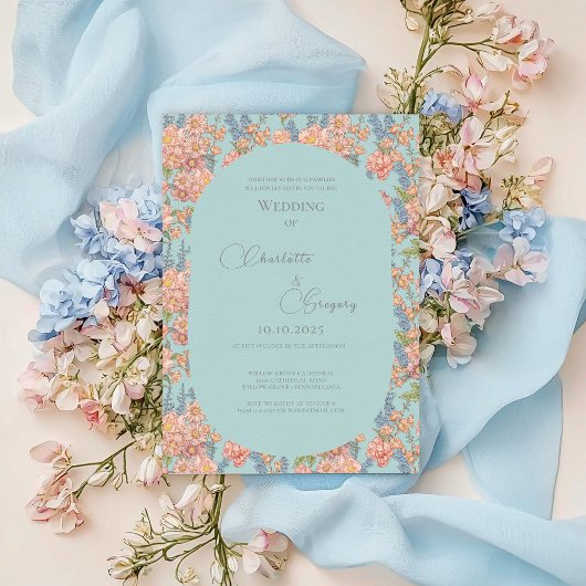 Roze en blauwe shabby chique bloemen bruiloft kaart