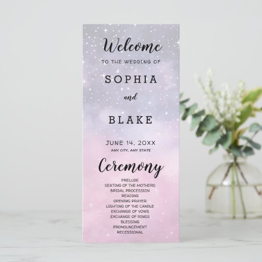 Roze en Blauwe Sterren Celestial Huwelijksprogramm (Staand voorkant)