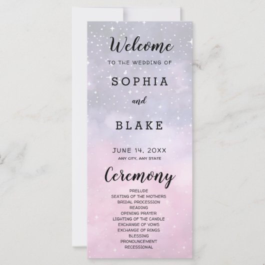 Roze en Blauwe Sterren Celestial Huwelijksprogramm (Voorkant)