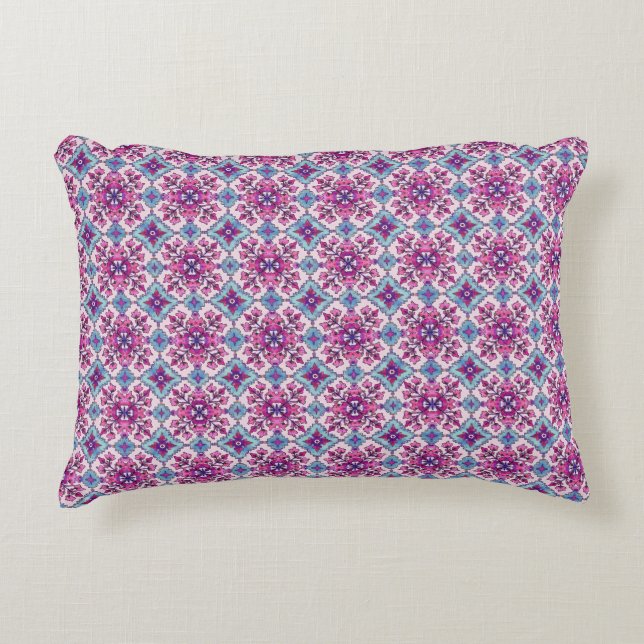 Roze en Blauwe Tegelmotief Accent Kussen (Voorkant)