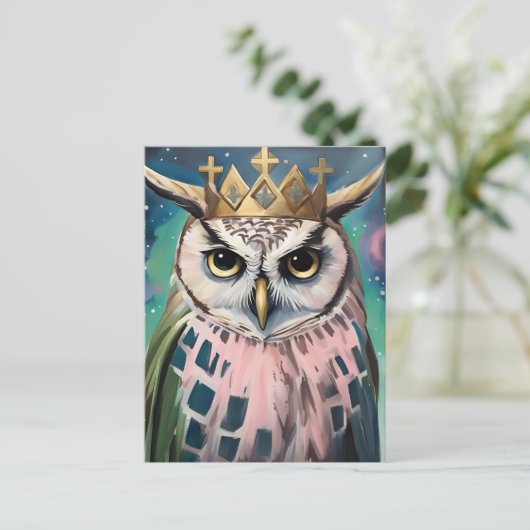 Roze en Blauwe Uil in een Kroon Briefkaart (Staand voorkant)