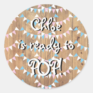 Roze en Blauwe Vlaggen Klaar om te POP Baby Shower Ronde Sticker