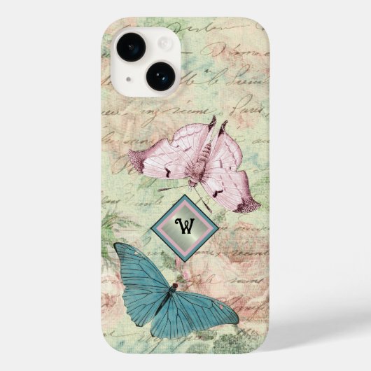 Roze en Blauwe Vlinders en Rozen met Monogram Case-Mate iPhone Case (Achterkant)