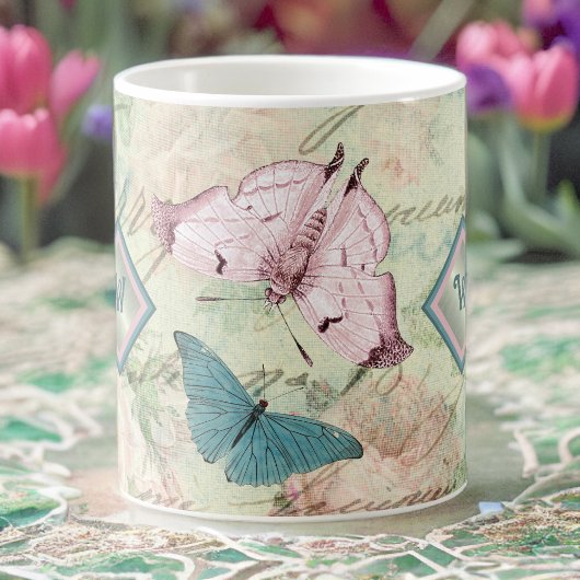 Roze en Blauwe Vlinders en Rozen met Monogram Koffiemok
