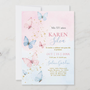 Roze en Blauwe Vlinders Quinceañera Uitnodiging