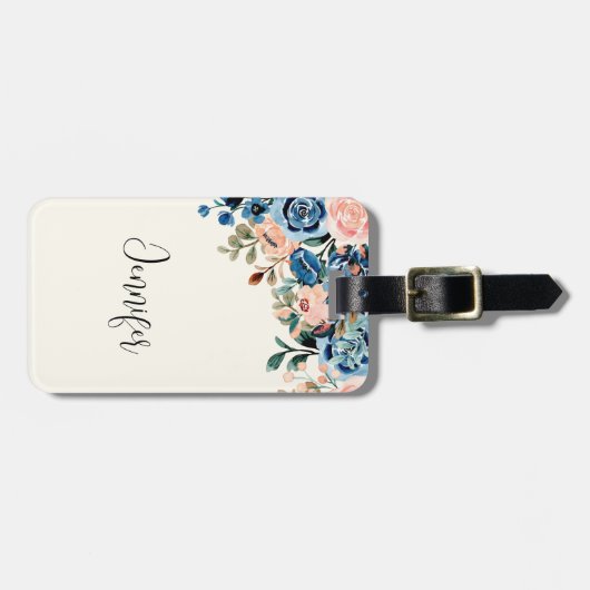 Roze en blauwe Waterverf bloemen Bagagelabel (Voorkant horizontaal)