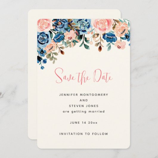 Roze en blauwe waterverf bloemen bruiloft save the date (Voorkant / Achterkant)