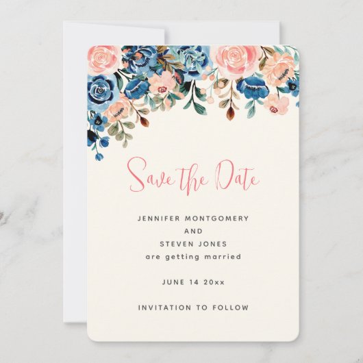 Roze en blauwe waterverf bloemen bruiloft save the date (Voorkant)