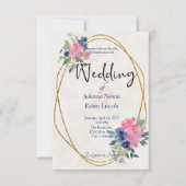 Roze en blauwe waterverf bloemen bruiloftsinvitati kaart (Voorkant)