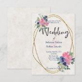 Roze en blauwe waterverf bloemen bruiloftsinvitati kaart (Voorkant / Achterkant)