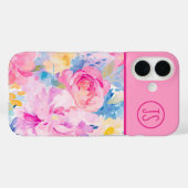 Roze en Blauwe Waterverf Bloemen Monogrammed Case-Mate iPhone Case (Achterkant (horizontaal))