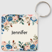 Roze en blauwe Waterverf bloemen Sleutelhanger (Achterkant)