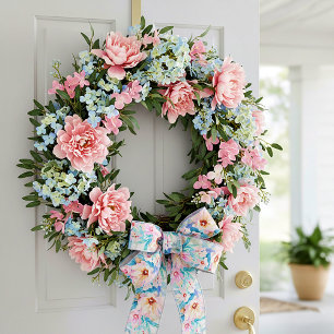 Roze en blauwe waterverf bloemrijk lint