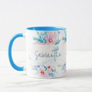 Roze en blauwe waterverf bloemstuk gepersonaliseer mok