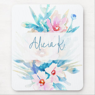 Roze en blauwe waterverf bloemstuk gepersonaliseer muismat