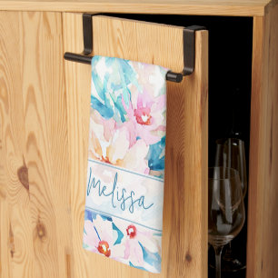 Roze en blauwe waterverf bloemstuk gepersonaliseer theedoek