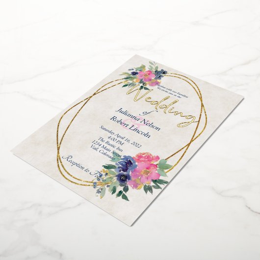 Roze en blauwe waterverf bruiloft folie uitnodiging (Gedraaid)