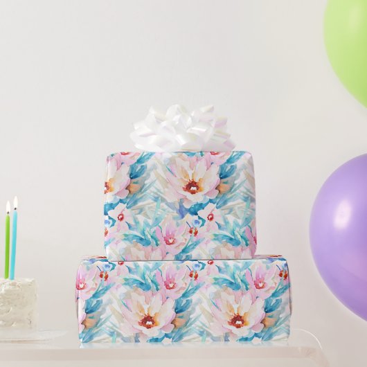 Roze en blauwe waterverf floraal cadeaupapier (Feestgeschenken)