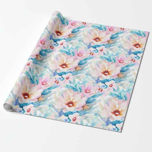 Roze en blauwe waterverf floraal cadeaupapier (Uitgerold)