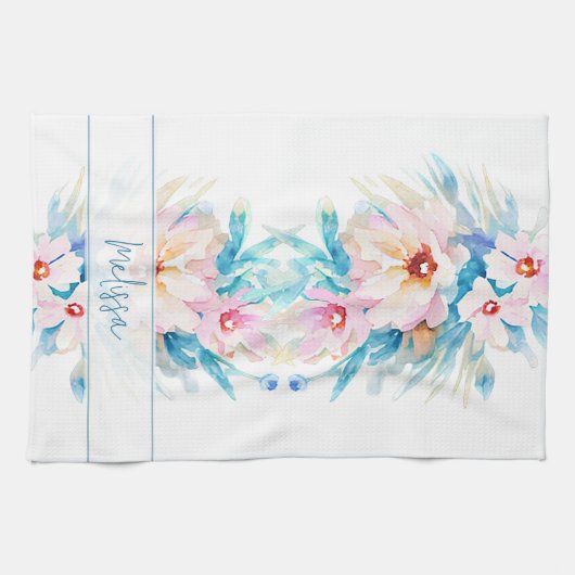 Roze en blauwe waterverf floral gepersonaliseerd theedoek (Horizontaal)