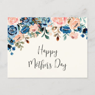 Roze en blauwe Waterverf Flowers Moederdag Briefkaart