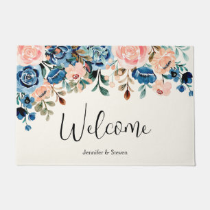 Roze en blauwe Waterverf Flowers Welkom Deurmat