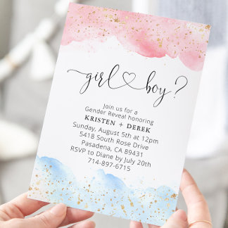 Roze en Blauwe Waterverf Gender Reveal Kaart